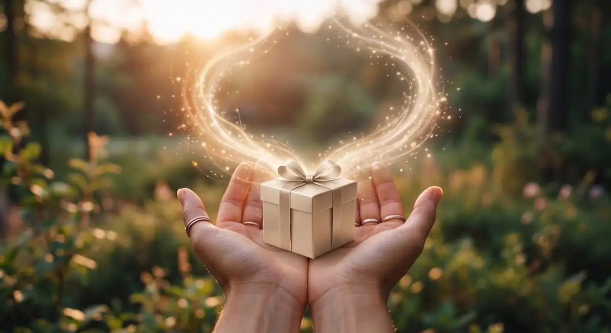 Zwei Hände halten ein kleines Geschenk, aus dem ein leuchtendes Herz aus Licht aufsteigt.